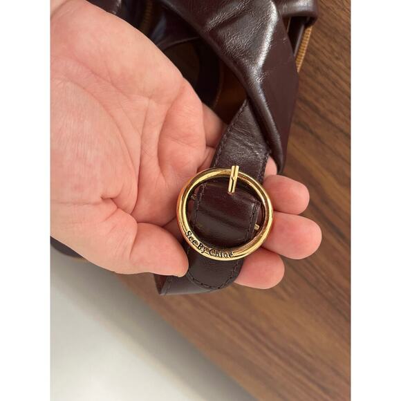 See By Chloe NWOB EU38/US7 Leather Chunky Heel Lyna Slingback Sandal Burgundy - Picture 2 of 10